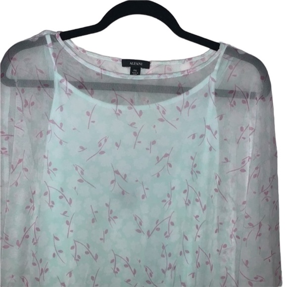 ALFANI Mint Green Floral Blouse Size XL Petite Sheer Short Sleeve Top Over Cami - Picture 10 of 10
